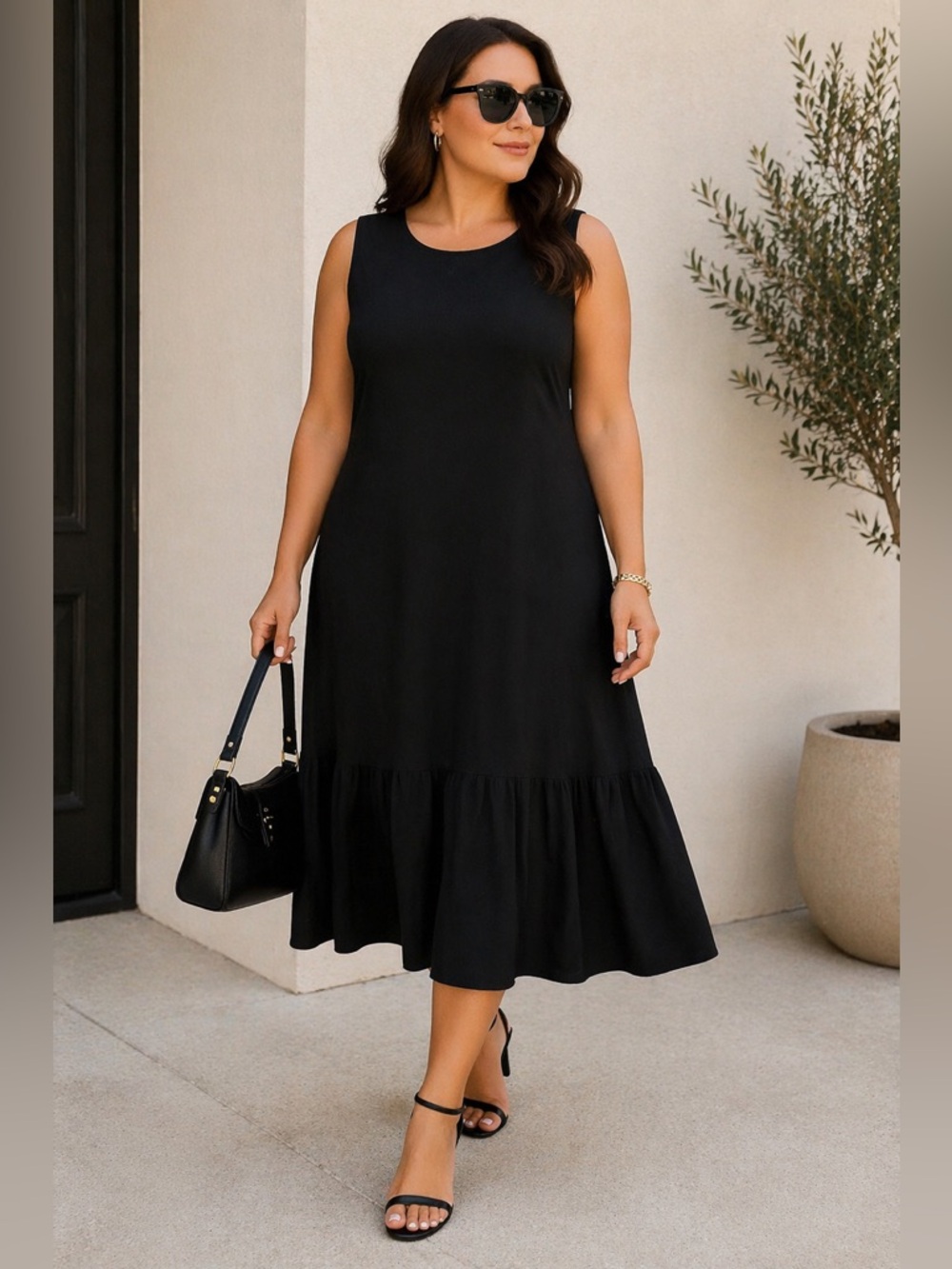 Tahari Black Sleeveless Midi Dress Size 1X Flowy Back Tie Minimalist Classic